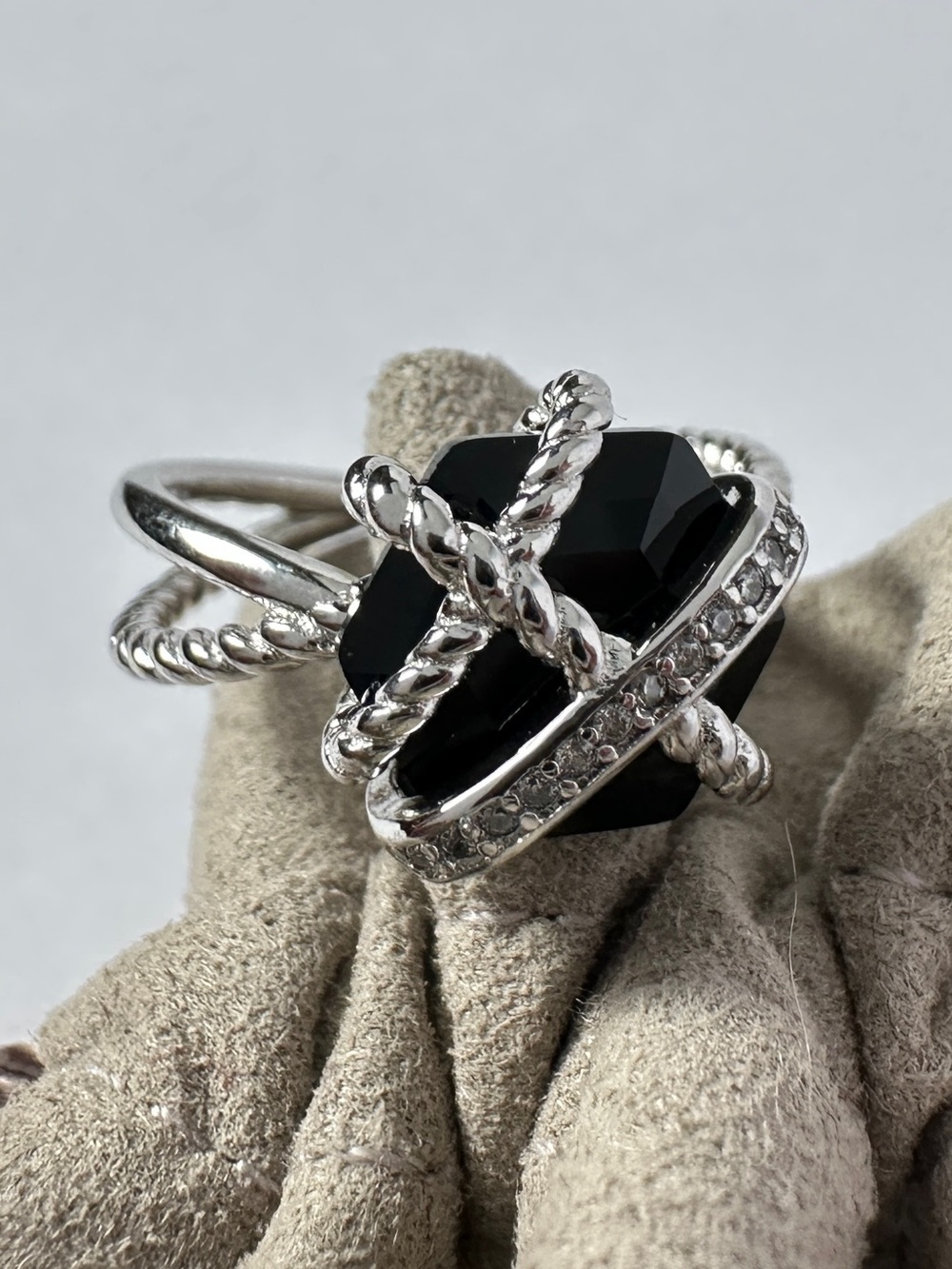 David Yurman Cable Wrap Sterling Silver Black Onyx Pave Ring Size 7
